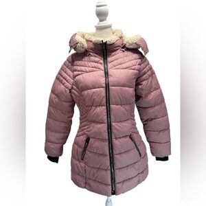 YMI Mauve Quilted Puffer Jacket with Removable Sherpa Trim Hood NEW